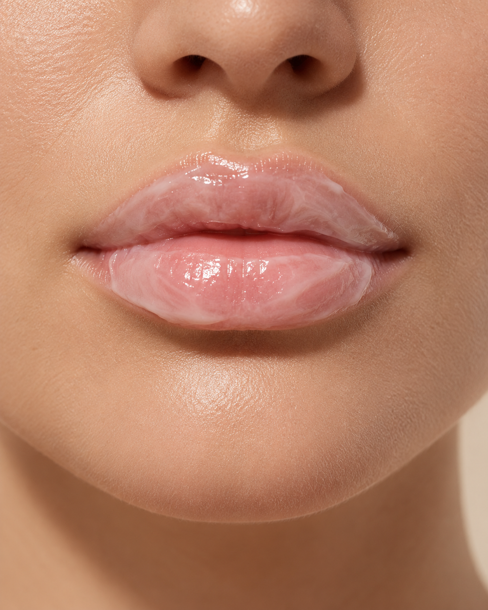 Der transparente Pflegefilm auf den Lippen während der Einwirkzeit