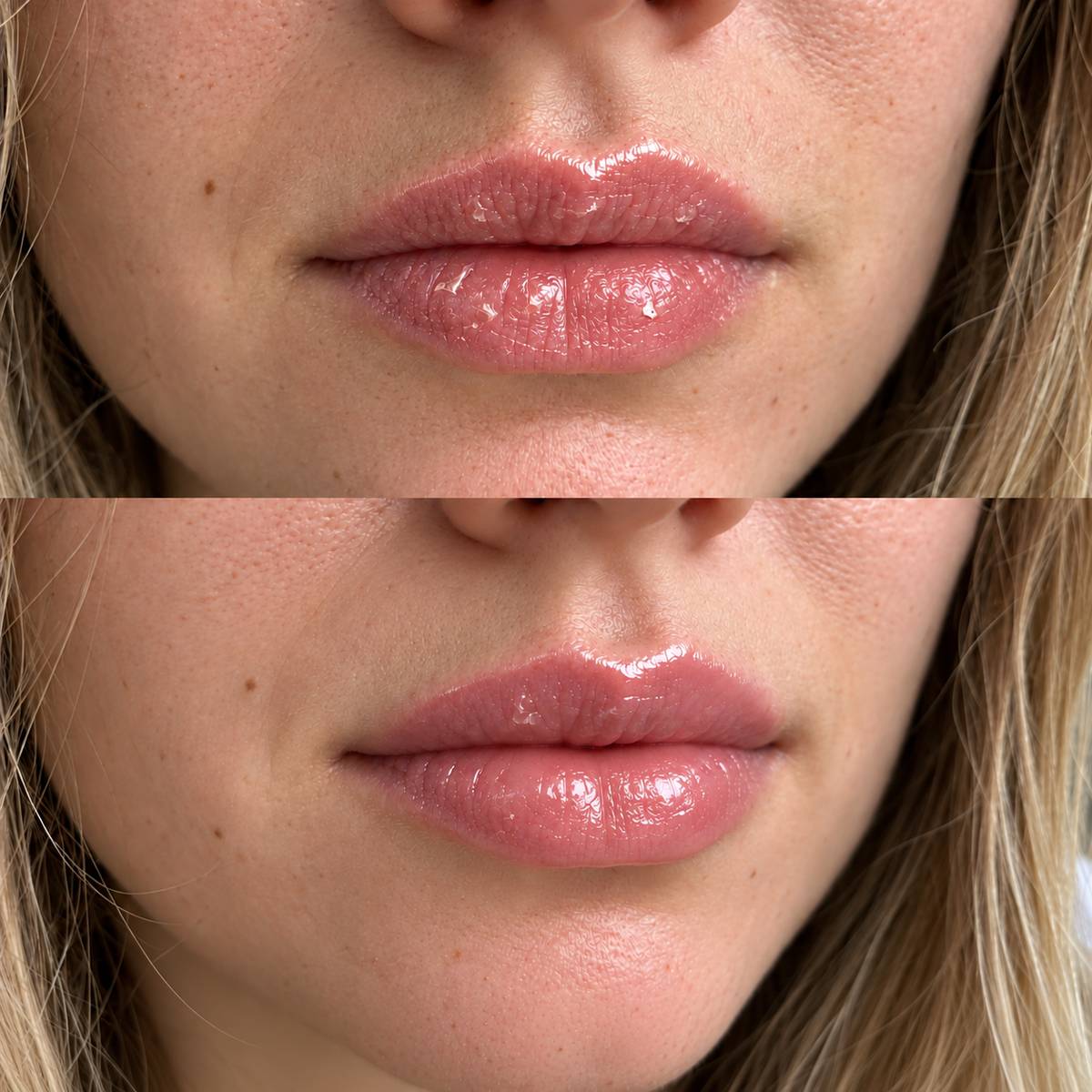 Lippen mit Lip Gloss vor und nach der Anwendung