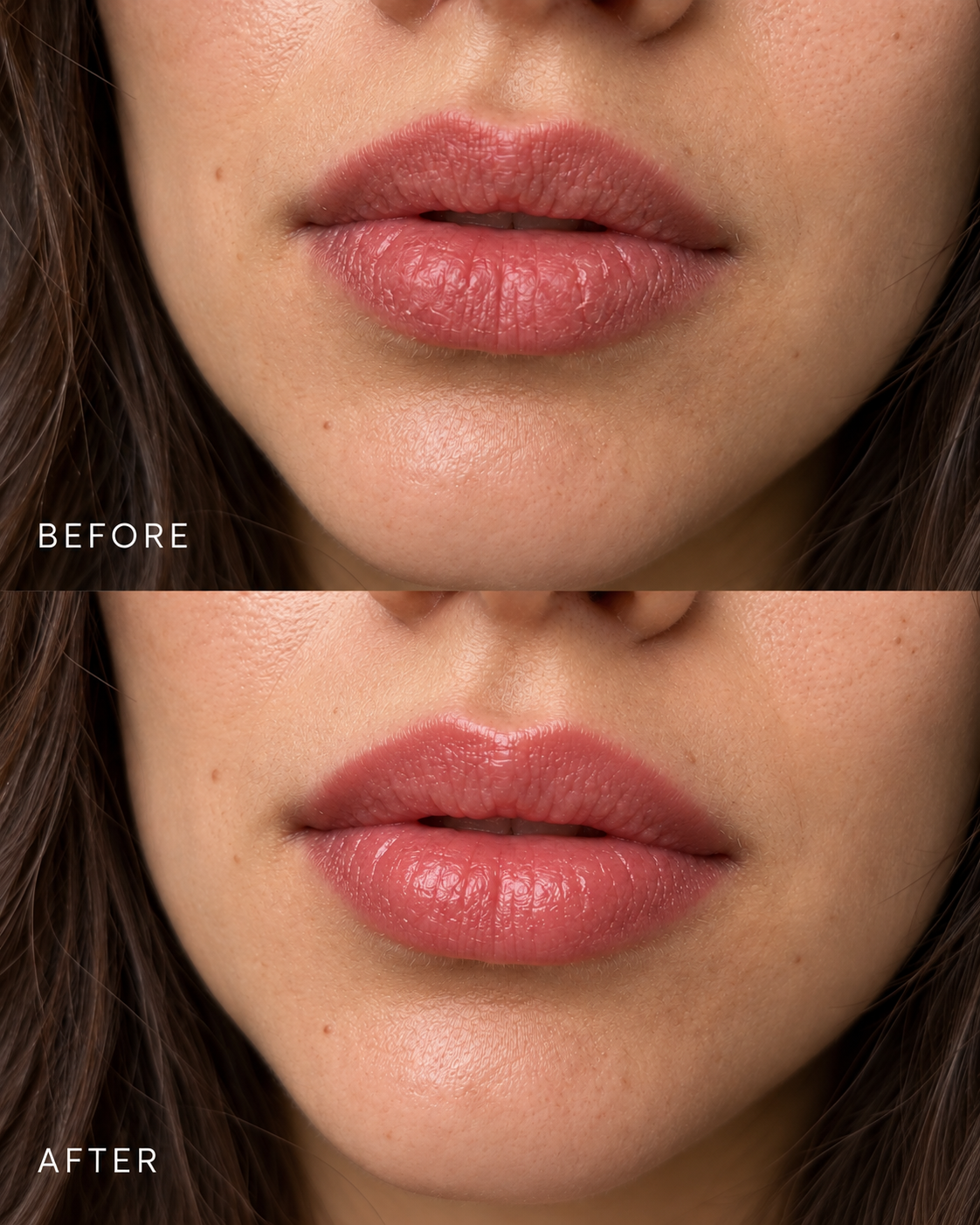 Lippen mit Lippenstift vor und nach der Anwendung