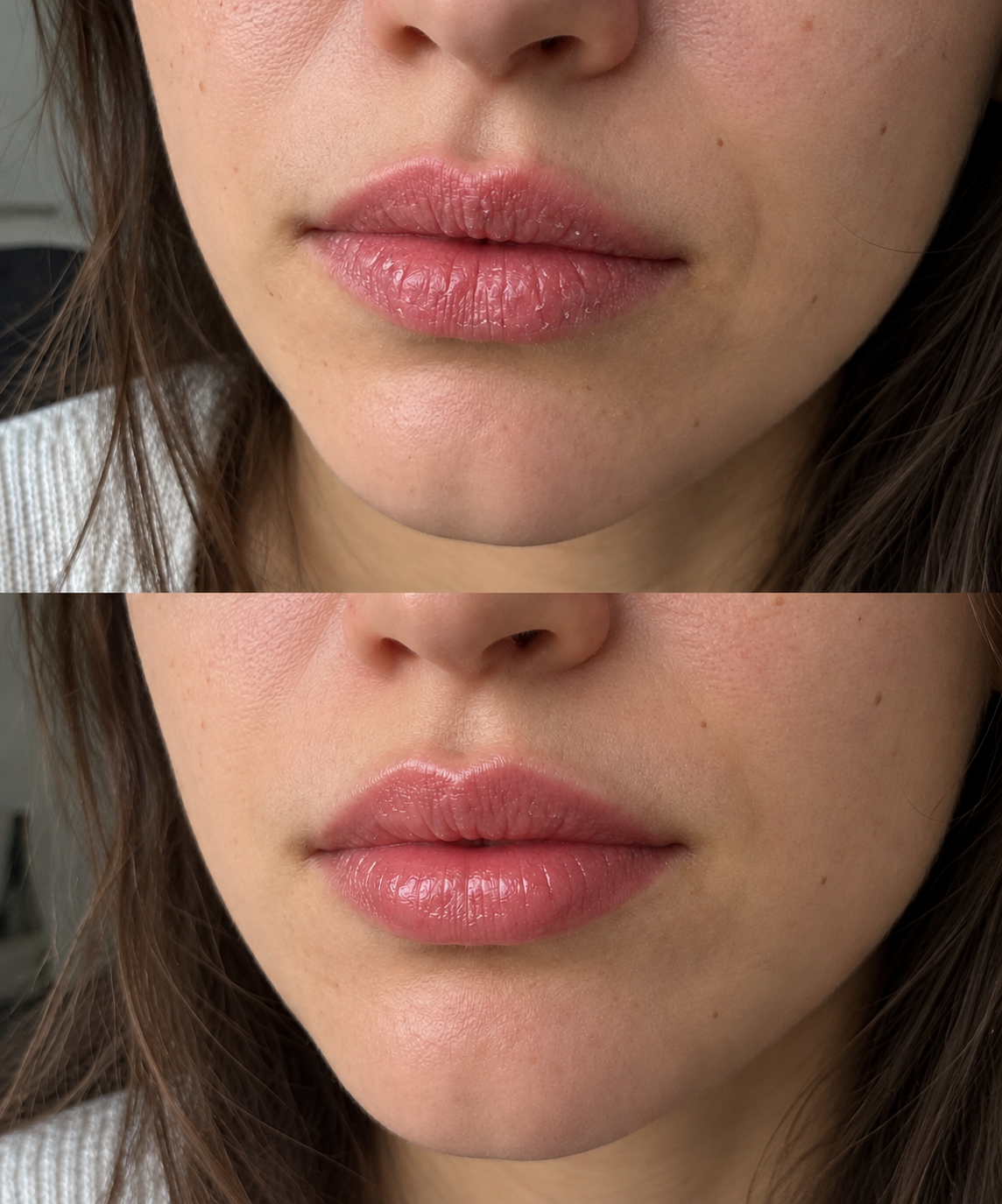 Lippen mit Lip Tint vor und nach der Anwendung