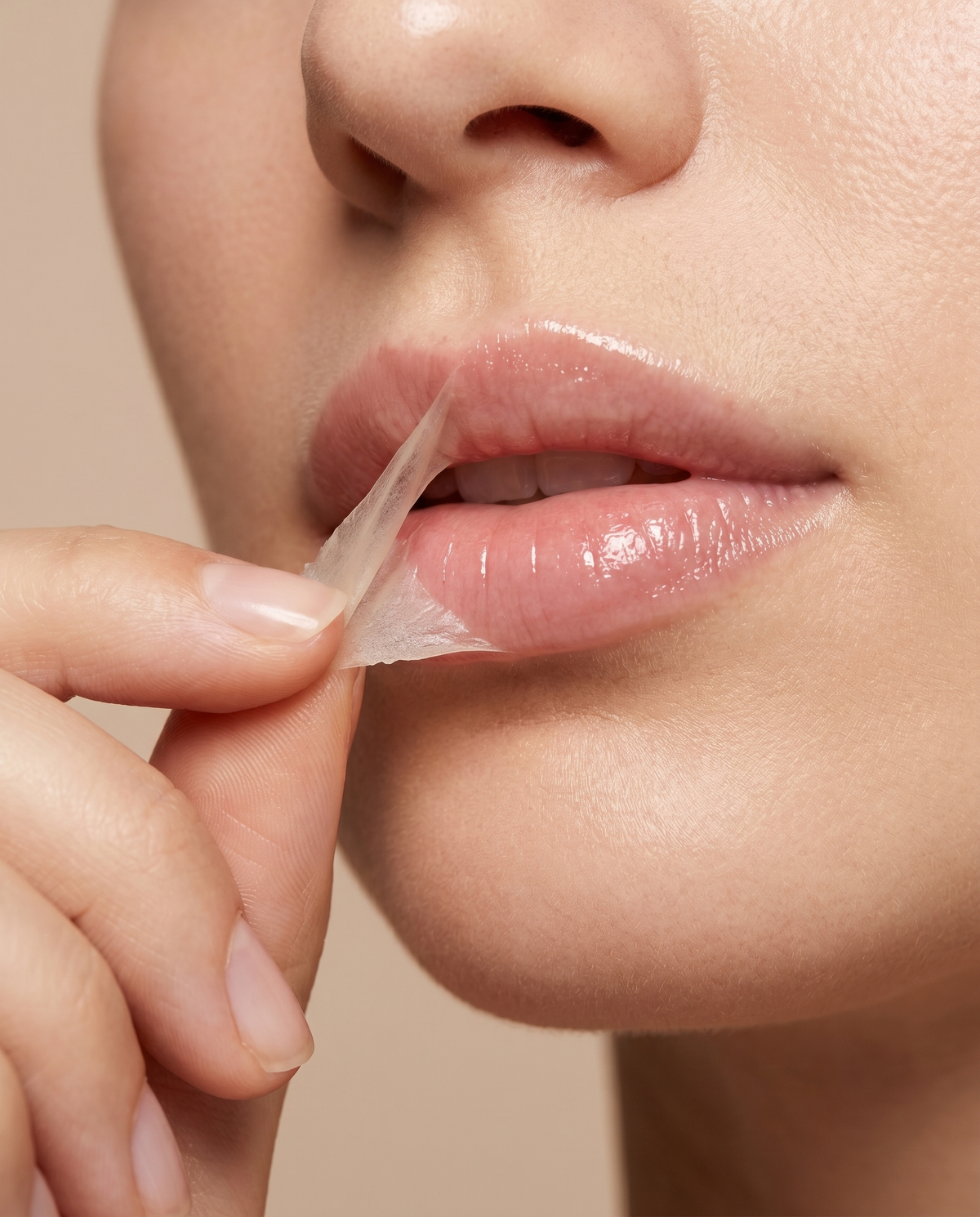 Makroaufnahme: der transparente Peel-off-Film wird sanft von den Lippen abgezogen