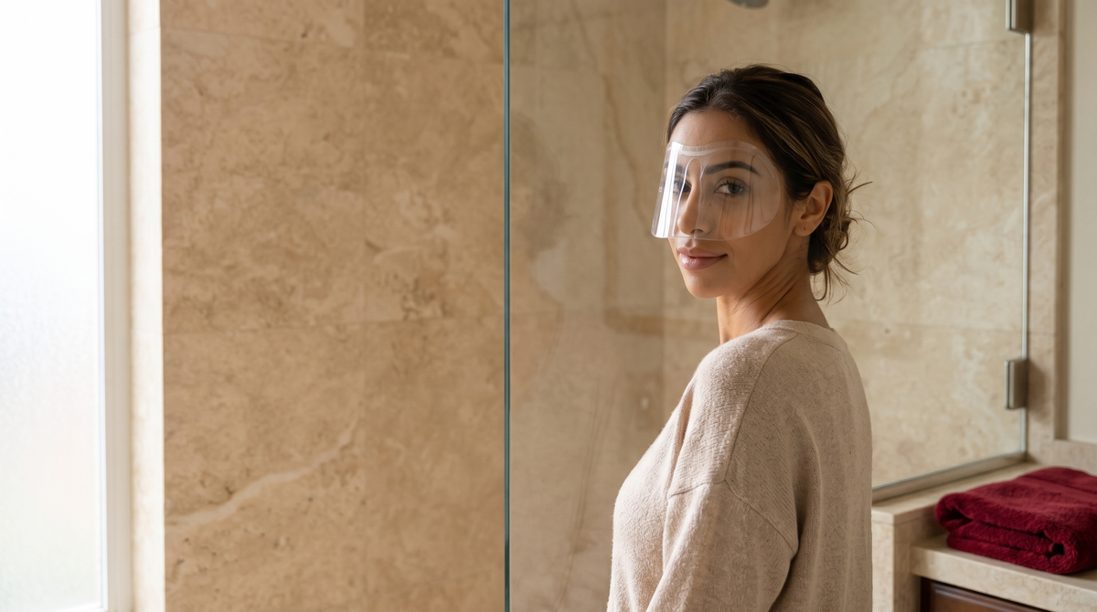 Editorial-Aufnahme: Frau im Badezimmer trägt den Lash Brella Wimpernschutz