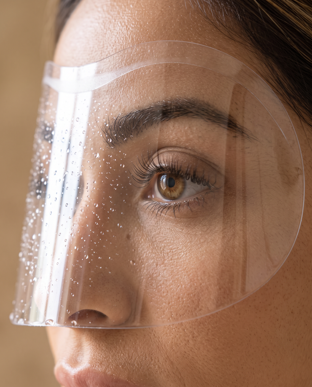 Nahaufnahme: der Klebestreifen sitzt auf der Stirn, die Schutzschale hält Abstand zu den Wimpern