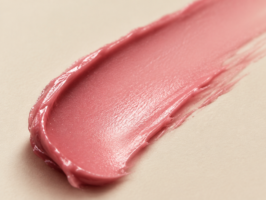 Satinierter Balm-Strich in Rosé auf cremefarbenem Grund